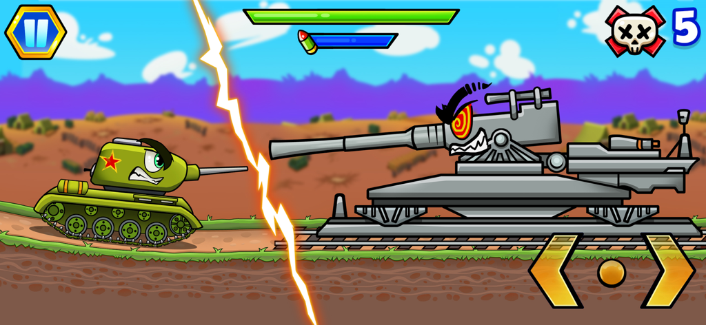 Tanque 2D de dibujos animados luchando contra un gran tanque jefe en vías de tren