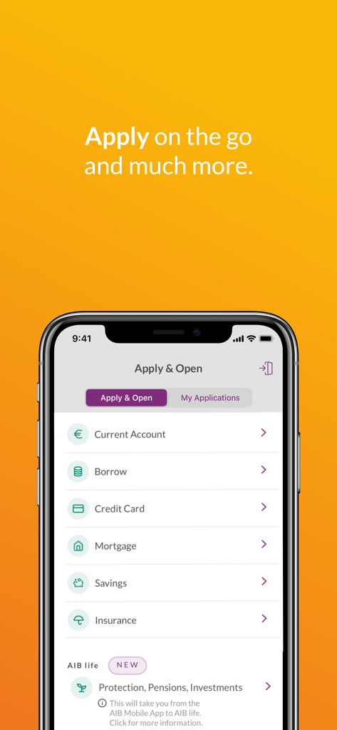 AIB Mobile app interface displaying the Apply and Open menu for banking and insurance products
