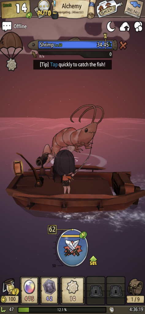A Girl Adrift - A girl on a wooden boat catching a giant shrimp in a tap-RPG fishing game