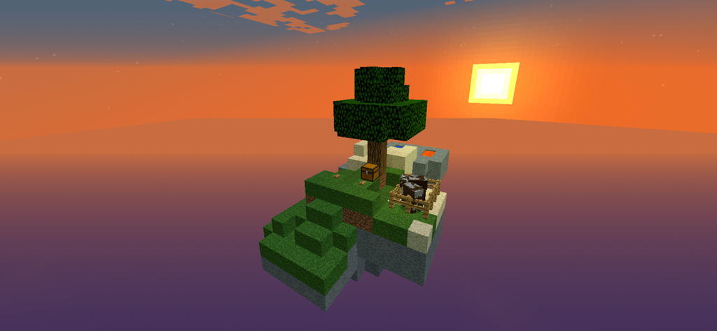 A small floating island in Minecraft with a tree, chest, and a cow during a sunset sky