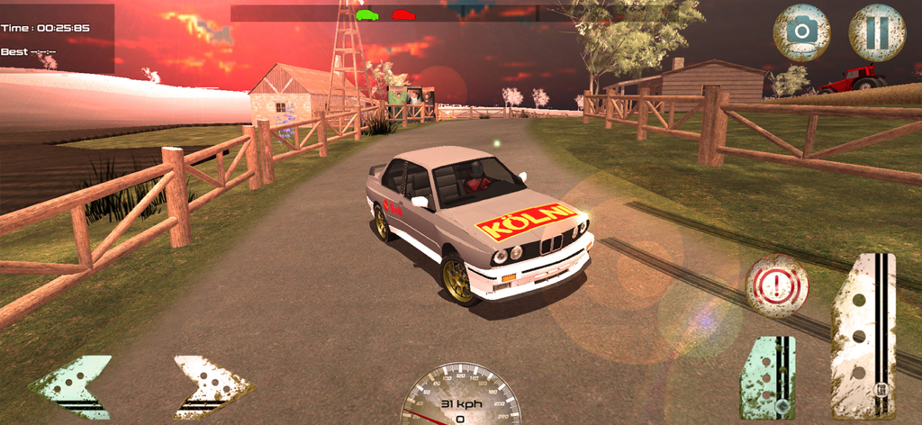 Dirt Rally Drive Simulator - A white rally car racing on a rural track under a sunset sky in the Dirt Rally Drive Simulator mobile game.