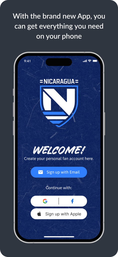 Azul y Blanco - Welcome screen for the Azul y Blanco Nicaraguan football app featuring sign up options