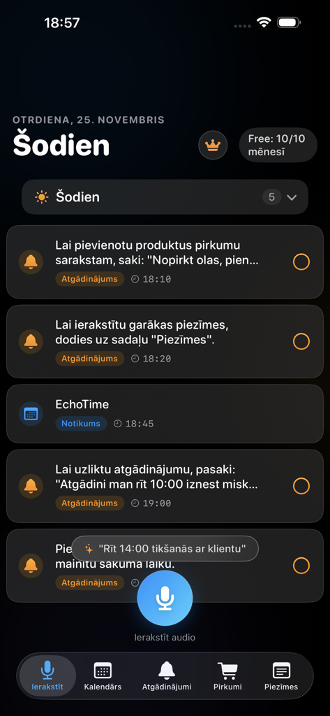 Echo Time Voice Assistant - Interface of Echo Time app displaying daily tasks and a voice command recording button
