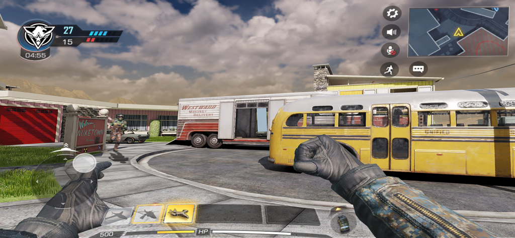 First-person perspective of a player on the legendary Nuketown map in Call of Duty Mobile