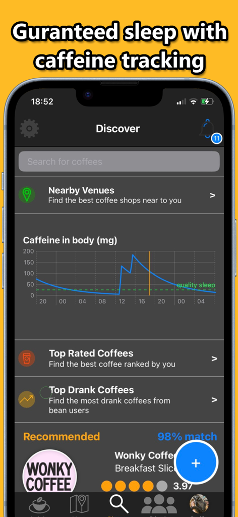 Bean app interface showing a caffeine tracking graph for better sleep and coffee shop recommendations.