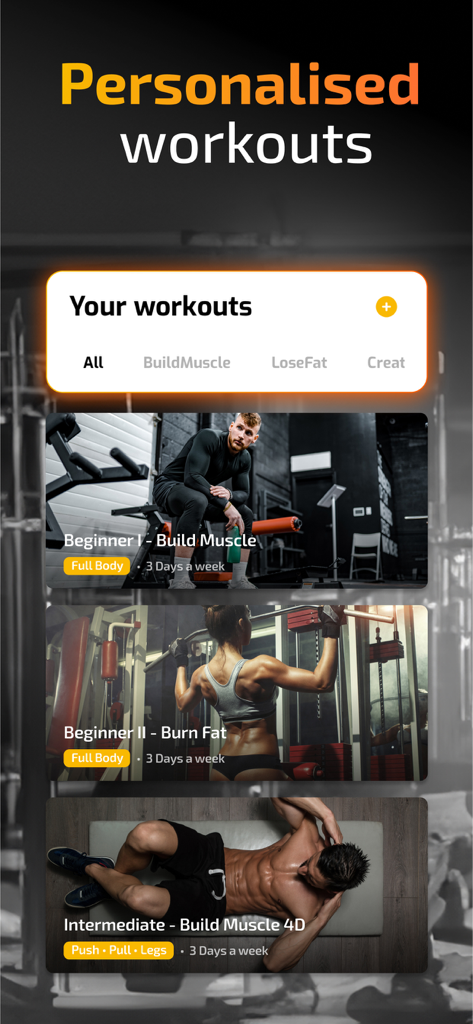 Interface of FitKeeper app showing personalized workout plans for building muscle and burning fat