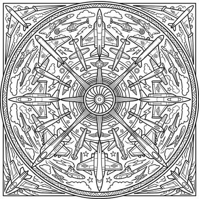 Dive into the thrilling world of aviation with this intricate Pop Art Aircraft Mandala. This unique coloring page combines dynamic flying machines with a bold artistic style and a calming symmetrical design, perfect for all skill levels.