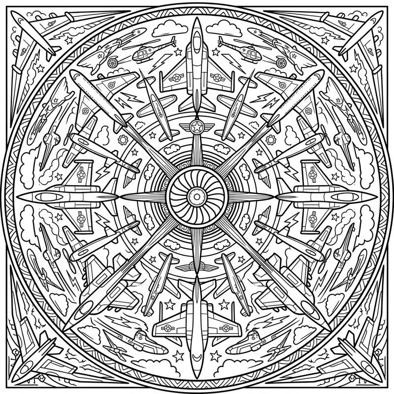 Dive into the thrilling world of aviation with this intricate Pop Art Aircraft Mandala. This unique coloring page combines dynamic flying machines with a bold artistic style and a calming symmetrical design, perfect for all skill levels.