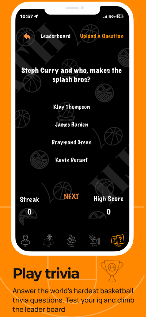 ATH - Pickup Basketball App - Basketball trivia question screen in the ATH pickup basketball app