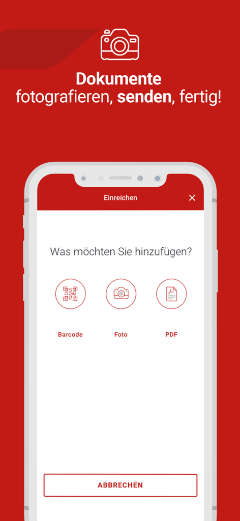 Generali health app interface for uploading medical documents via barcode, photo, or PDF.