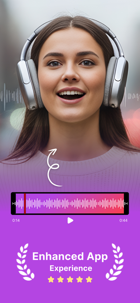 A happy woman wearing headphones with an audio waveform and a five star rating for an enhanced app experience