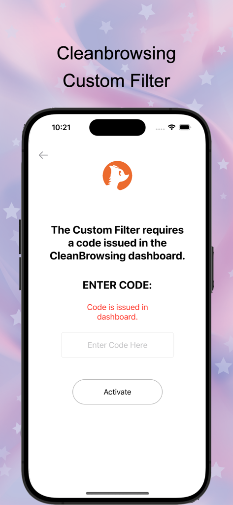CleanBrowsing app screen for entering a custom filter activation code