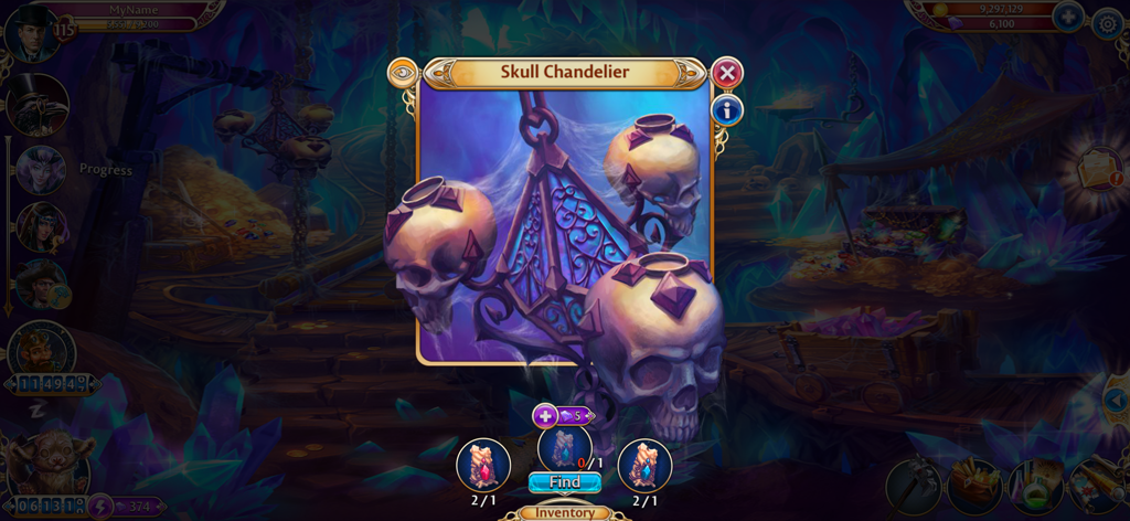 A close up of a decorative skull chandelier in a dark fantasy hidden object game scene