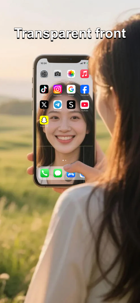 GlassPhone - Transparen Phone - Una mujer sosteniendo un smartphone con un efecto de pantalla frontal transparente que muestra su rostro detrás de los iconos de la aplicación