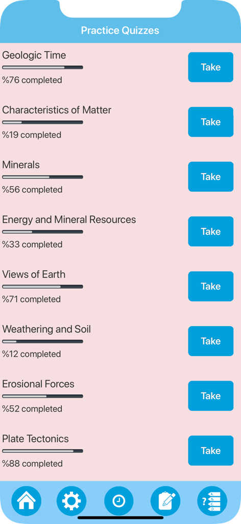 Earth science app practice quiz menu showing progress for topics like Geologic Time and Plate Tectonics