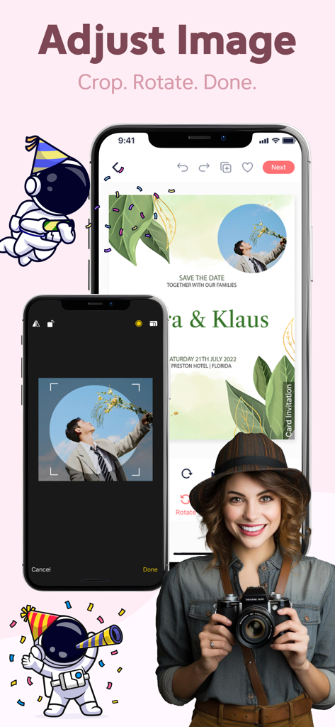 Invitation Maker app screen showcasing image cropping and rotating tools for custom card design