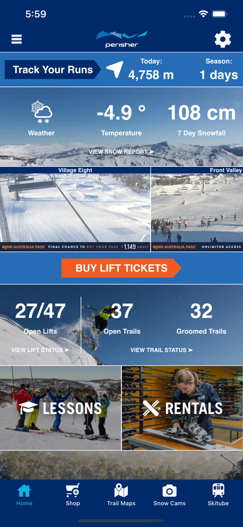 Perisher - Perisher app home screen displaying snow conditions live cams and lift status