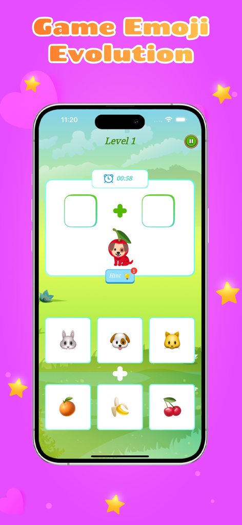 Emoji Merge - DIY Icon Mixer - A mobile screen showing a gameplay level for merging emojis like a dog and cherries in the Emoji Merge DIY Icon Mixer app