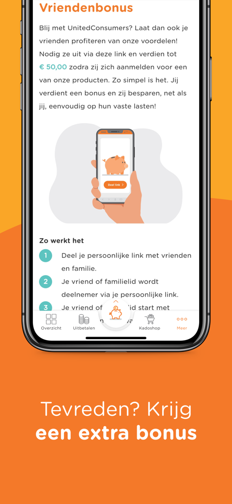 App screen showing the UnitedConsumers referral bonus program and reward steps