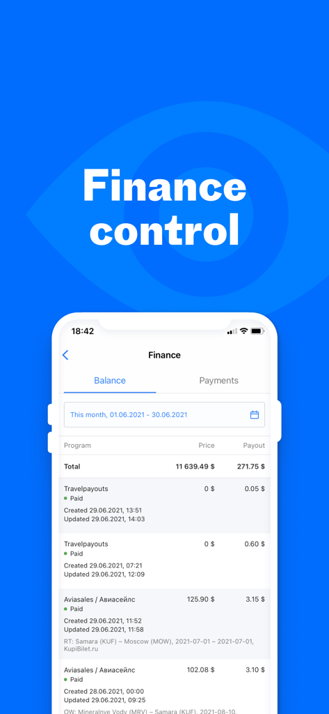 Travelpayouts - Travelpayouts app finance dashboard showing affiliate earnings and payout status