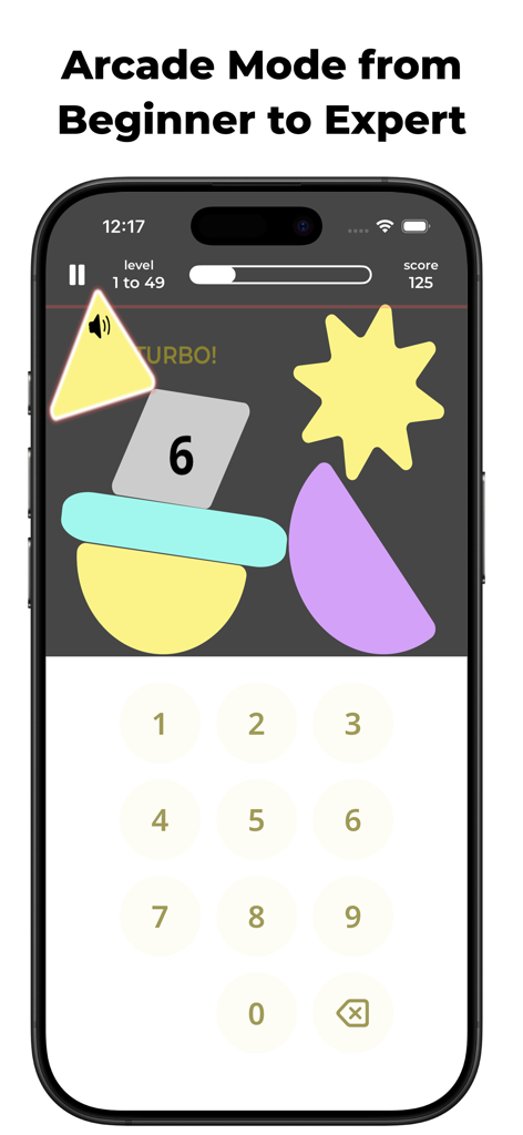 Languish: French Numbers - Modo Arcade de juego en Languish Números Franceses que muestra bloques que caen y un teclado numérico para aprender habilidades de escucha.