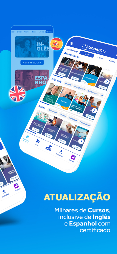 Bookplay - Interface do aplicativo móvel Bookplay mostrando categorias para cursos online e aprendizado de idiomas.