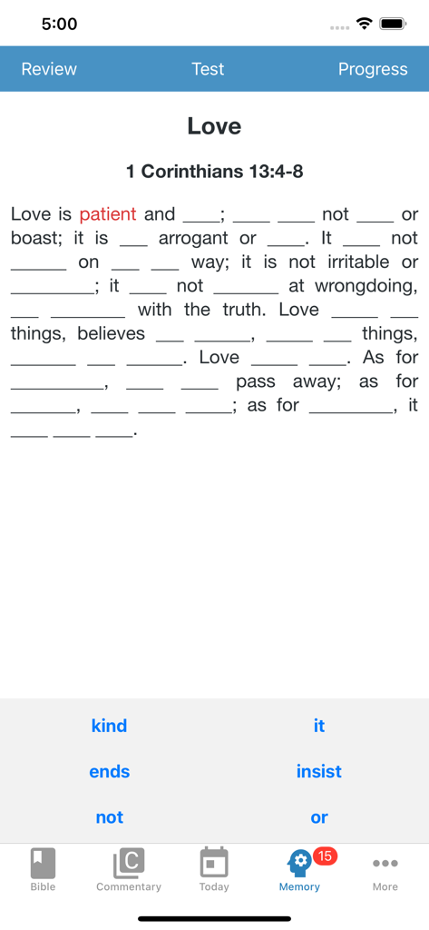 Interfaz de la aplicación e-Sword LT que muestra una prueba de memorización de las Escrituras para el versículo bíblico 1 Corintios 13