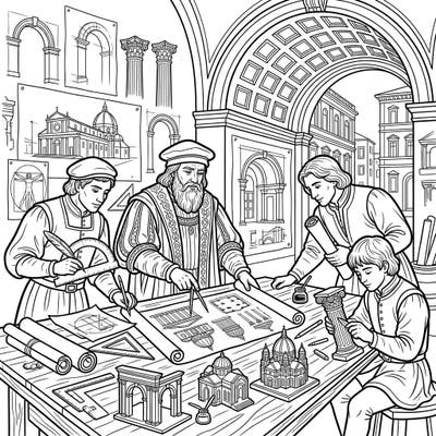Step back in time and join a team of brilliant Renaissance architects as they meticulously design grand structures. This intricate coloring page invites you to explore the world of classical architecture and bring historical artistry to life with your colors.