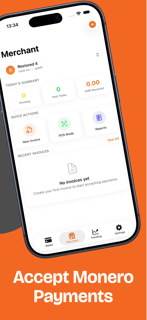 Painel do comerciante no aplicativo Carteira Monero para receber pagamentos de XMR