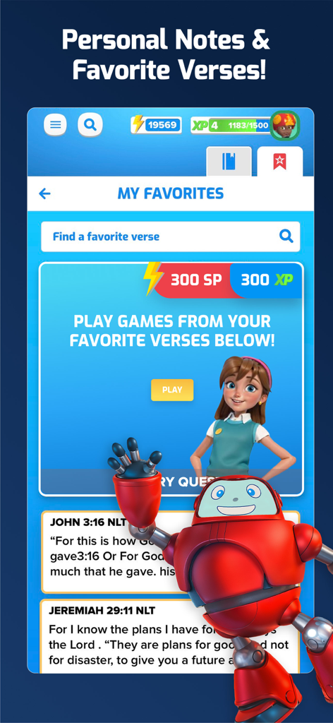 Superbook Kids Bible - アニメキャラクターが登場する、個人的なメモや好きな詩を表示するスーパーブックキッズバイブルアプリのインターフェース。