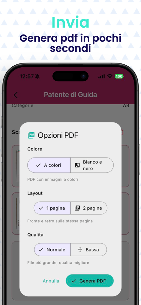 Cartesio: documenti importanti - Pantalla de la aplicación Cartesio que muestra opciones de exportación de PDF para documentos digitales