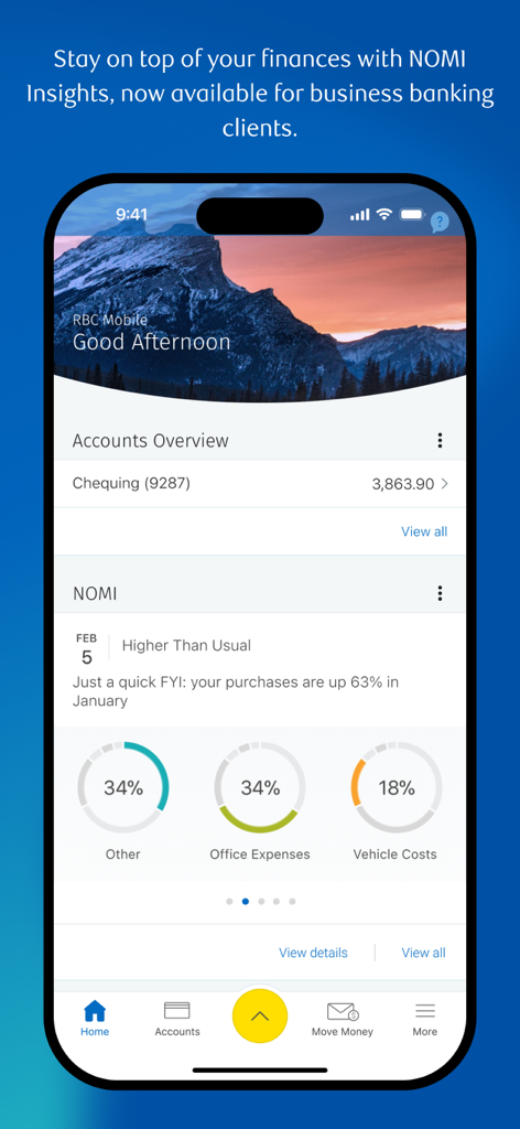 RBC Mobile - RBC Mobileアプリのダッシュボード、NOMI Insightsの支出傾向とビジネスバンキング顧客の口座概要を表示。
