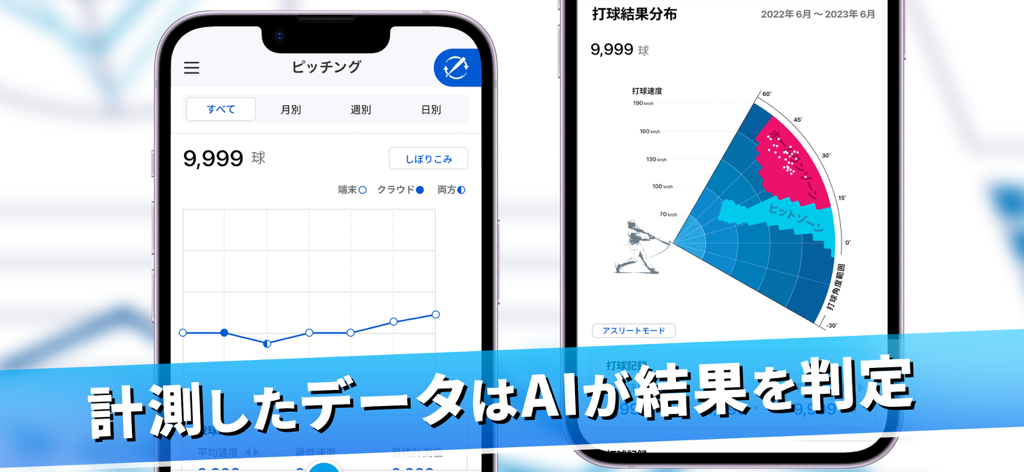 Spo+Shot – Speed Measurement - Spo+Shot mobile app screens showing baseball pitching velocity trends and hitting result distribution charts