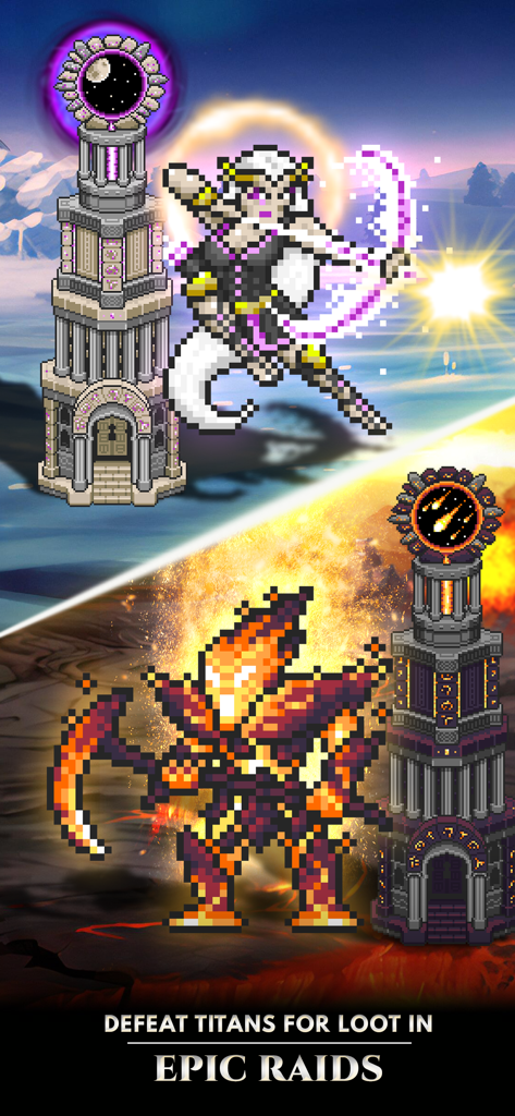 Orna: A Fantasy RPG & MMO game - 8-Bit-Pixelart-Titanen und Türme in einem epischen Raids-Kampf aus dem Orna MMO-Spiel