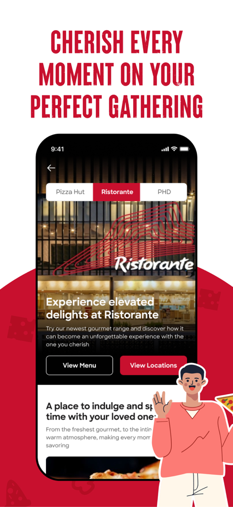 Application mobile Pizza Hut Indonesia affichant le menu surélevé Ristorante et les options d'emplacement.