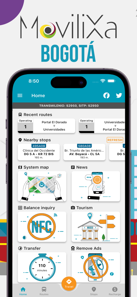 TransmiSitp MoviliXa - La pantalla de inicio de la aplicación TransmiSitp MoviliXa mostrando funciones de tránsito público para Bogotá