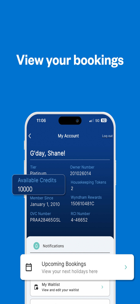 La aplicación Club Wyndham South Pacific mostrando detalles de la cuenta del propietario y próximas reservas