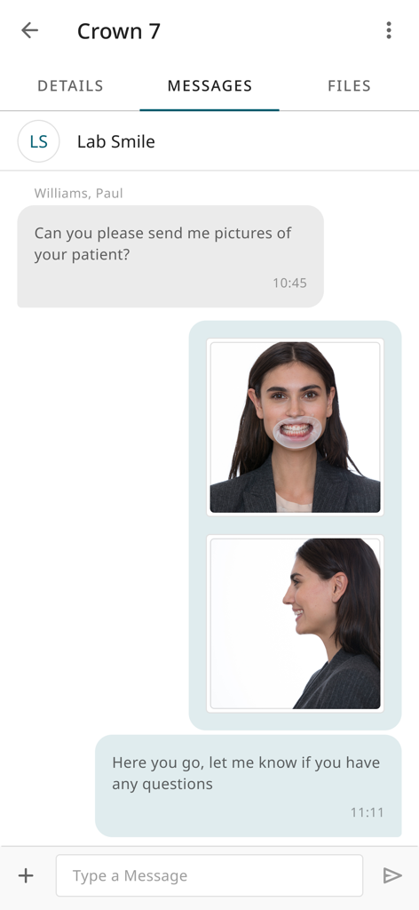 3Shape Unite Cloud - Secure chat interface in 3Shape Unite Cloud showing collaboration between a dentist and a lab with shared patient photos
