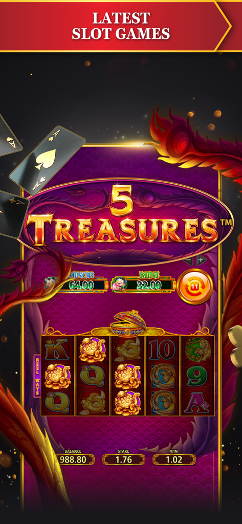 Interfaz del juego de tragamonedas 5 Treasures en la aplicación móvil Golden Nugget Online Casino