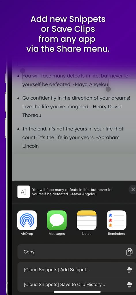 Cloud Snippets - Mobile - Saving snippets and clips via the iOS share menu integration
