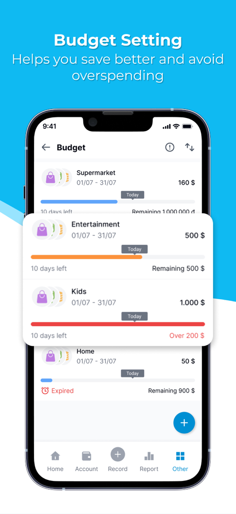 Spending Tracker-Money Manager - Schermata di impostazione del budget nell'app Spending Tracker che mostra i limiti di spesa mensili e le barre di avanzamento delle categorie
