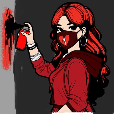 realistic girl with mask spray painting a wall