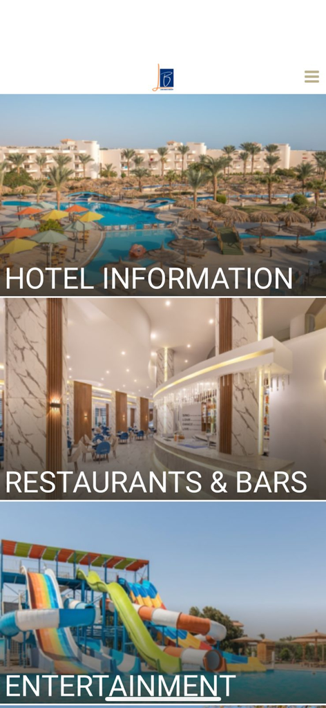 Interfaz de la aplicación Long Beach Resort Hurghada mostrando secciones de información del hotel, restaurantes y bares, y entretenimiento