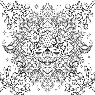 Dive into a unique blend of nature and festivity with this beautiful coloring page, combining delicate cherry blossom buds with the radiant spirit of Diwali. Enjoy intricate mandala patterns and traditional diyas, perfect for a calming and creative coloring session.