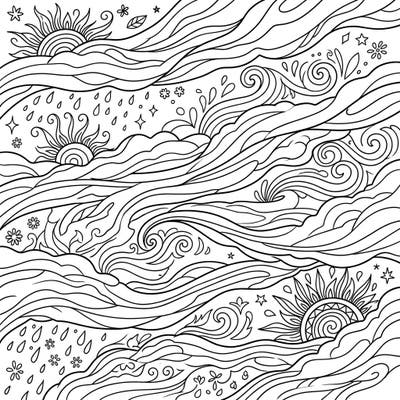 Unwind with our enchanting coloring page featuring elegant altostratus clouds drifting across a vibrant summer sky. This intricate design, filled with suns, swirls, and raindrops, promises a relaxing and artistic escape.