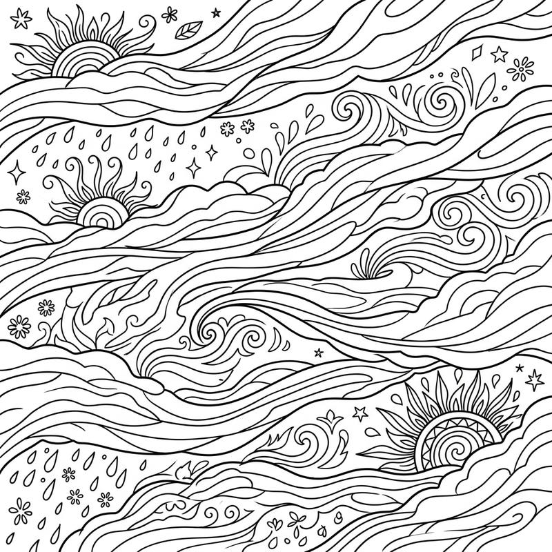 Unwind with our enchanting coloring page featuring elegant altostratus clouds drifting across a vibrant summer sky. This intricate design, filled with suns, swirls, and raindrops, promises a relaxing and artistic escape.