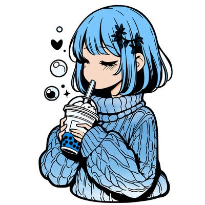 manga girl drinking boba in cozy sweater