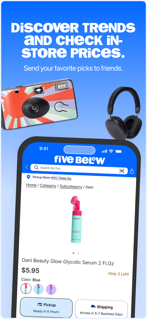 Five Below app screen showing a beauty serum with in-store pickup and shipping options