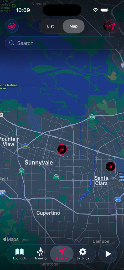 Redpoint app map view showing climbing locations in the Sunnyvale and Santa Clara area
