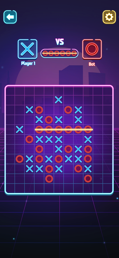 Tic Tac Toe - No Wifi Games - A neon styled large grid tic tac toe game board showing a match between player one and a bot